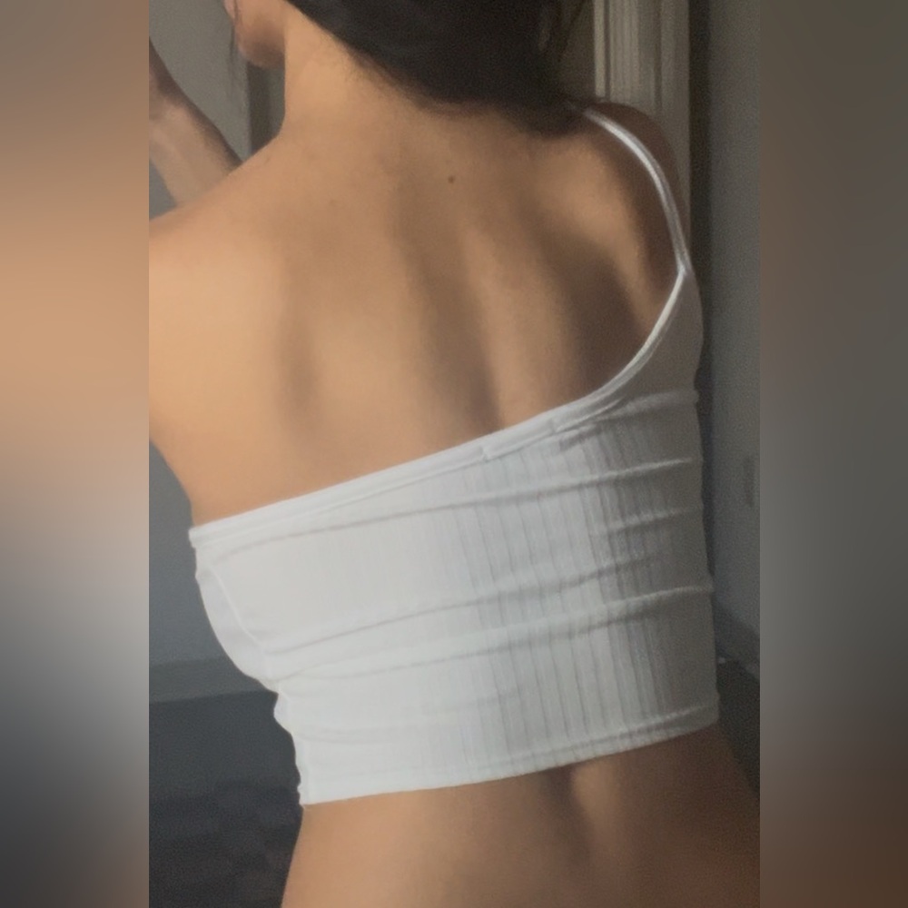 White Ribbed One-Shoulder Top - Picture 3 of 6
